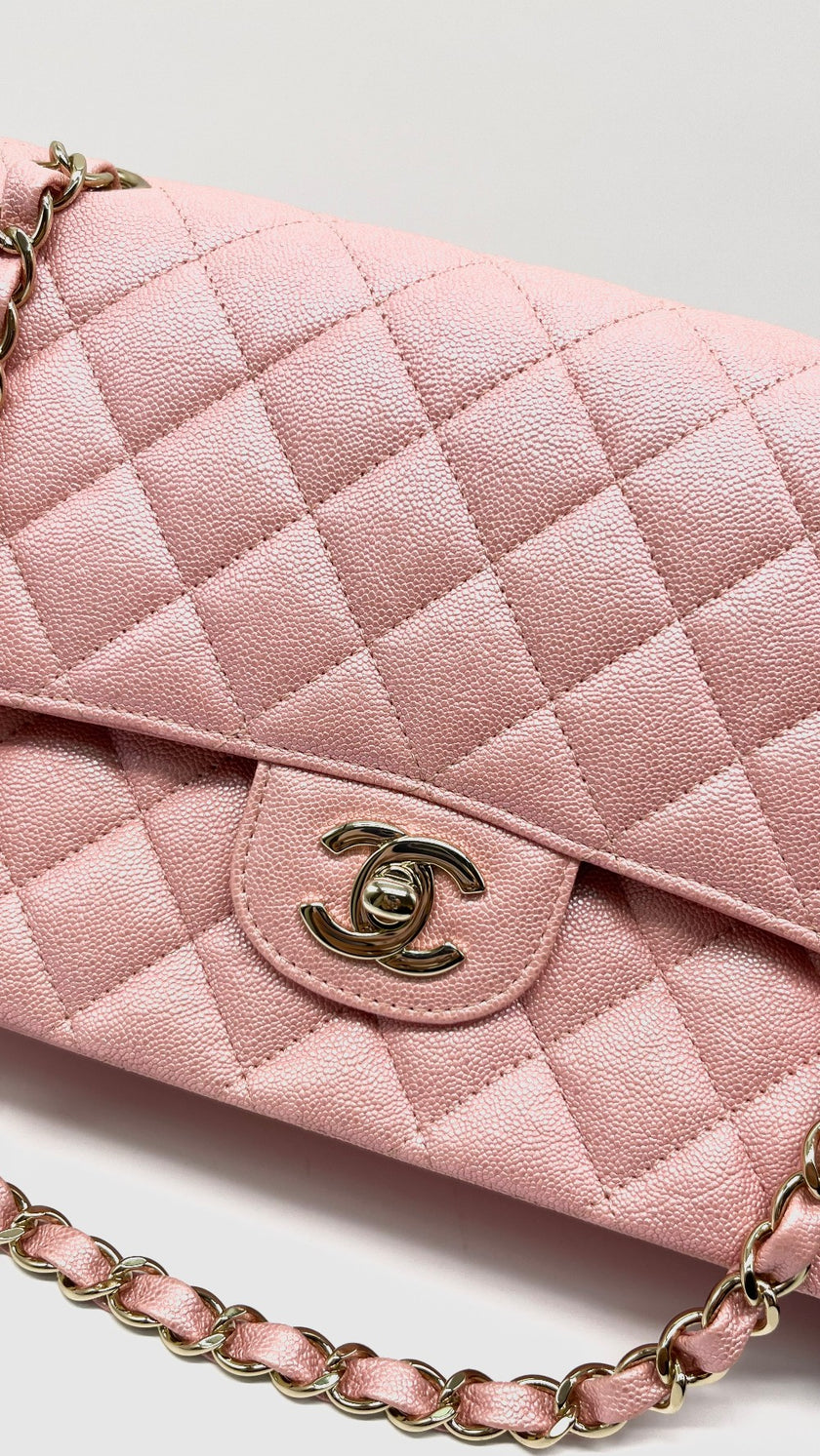 Like New. Chanel Medium Double Flap Caviar Iridescent Pink GHW. 27969345|12227