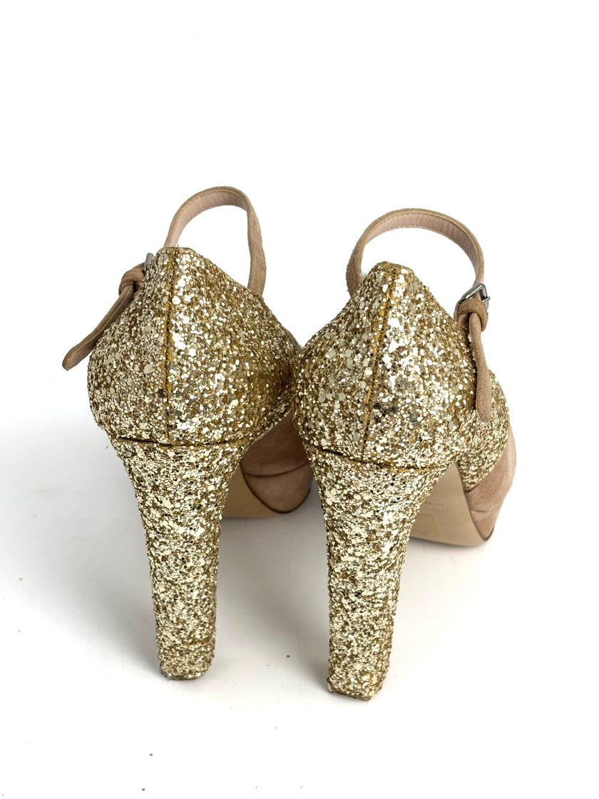 Preowned. Miu Miu Heel Glitter Nude. 38|12644