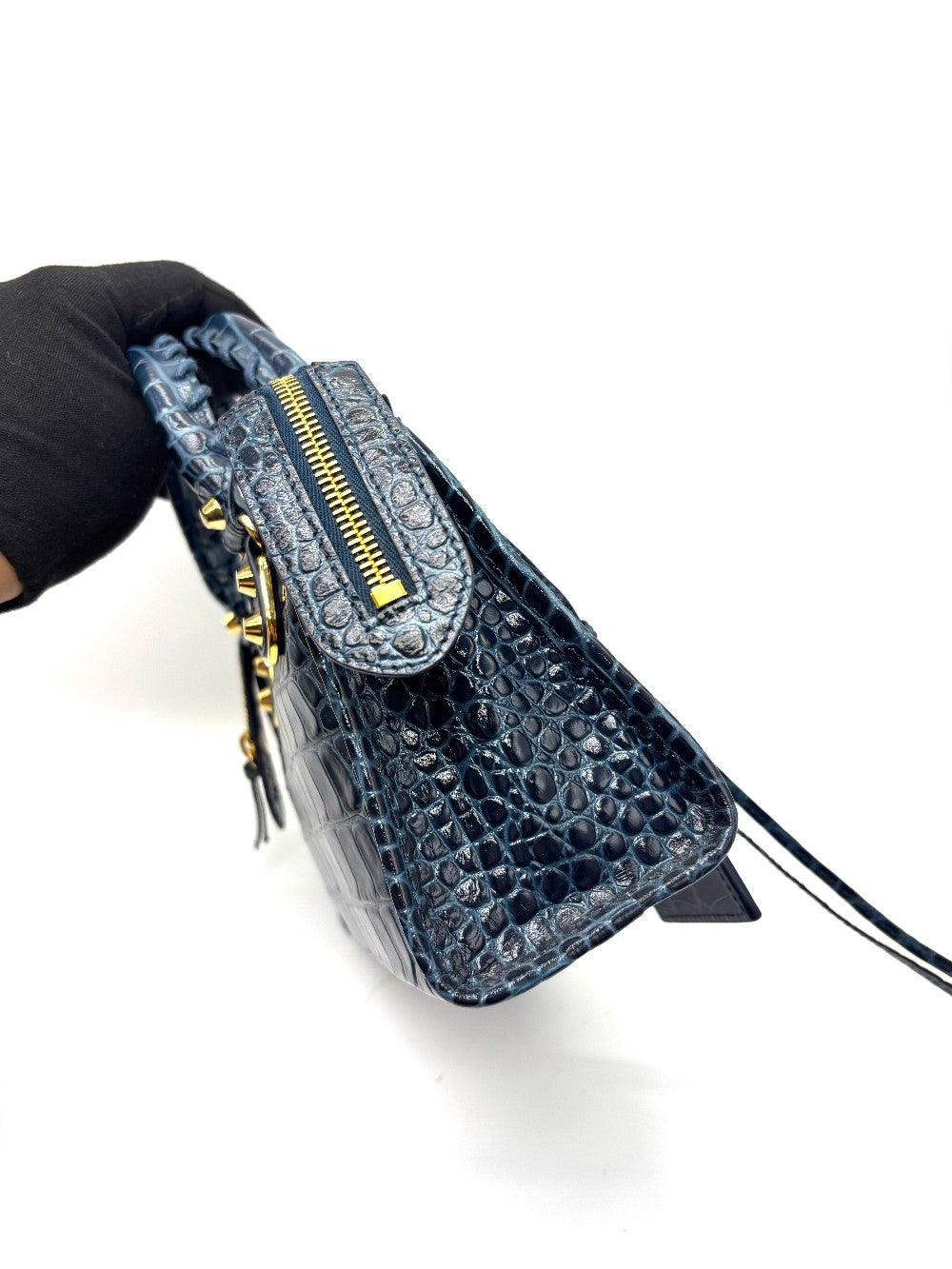 Unused. Balenciaga Metallic City Edge Mini Croc Blue GHW|17458