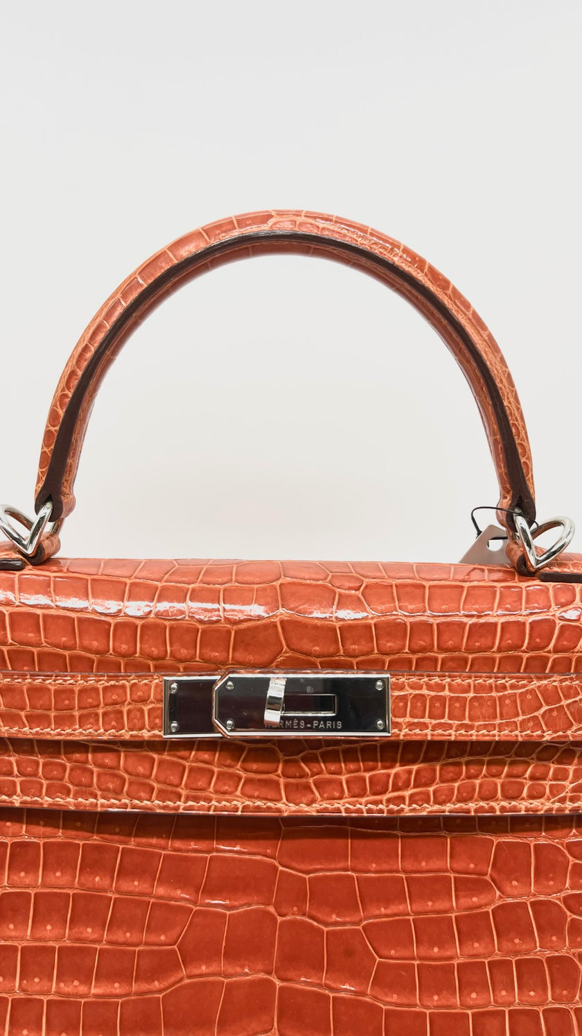Preowned. Hermes Kelly 28 Croc Orange PHW. H Square Q2509|11524