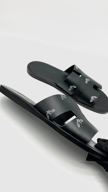 Brand New. Hermes Izmir Black Pony Sandals. 41|16202