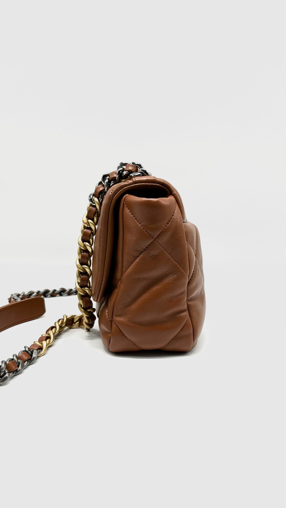 Like New. Chanel C19 Small Caramel Lambskin Ruth/Silver/Gold HW. T7AEUT96|12710