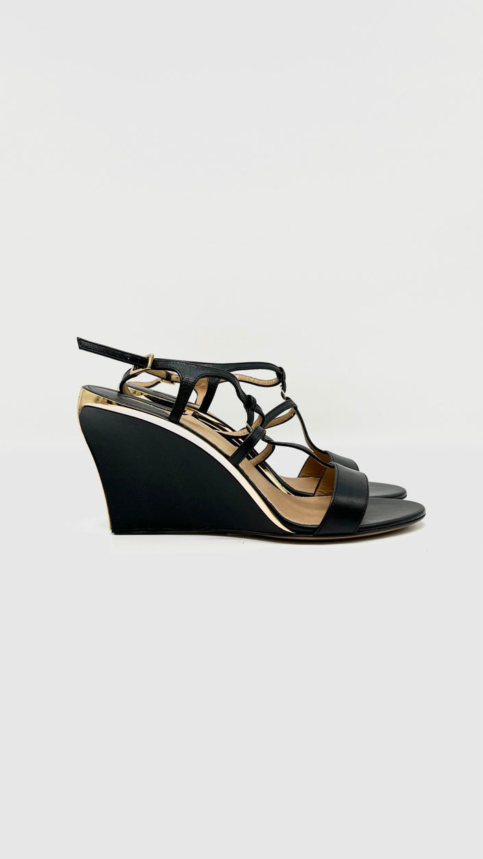 Brand New. Ferragamo Wedge Black/Gold. 36|10803