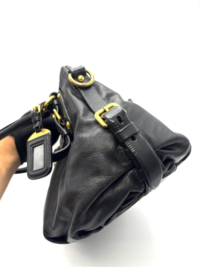 Preowned. Prada Black Soft Calfskin Leather Satchel Bag|17648
