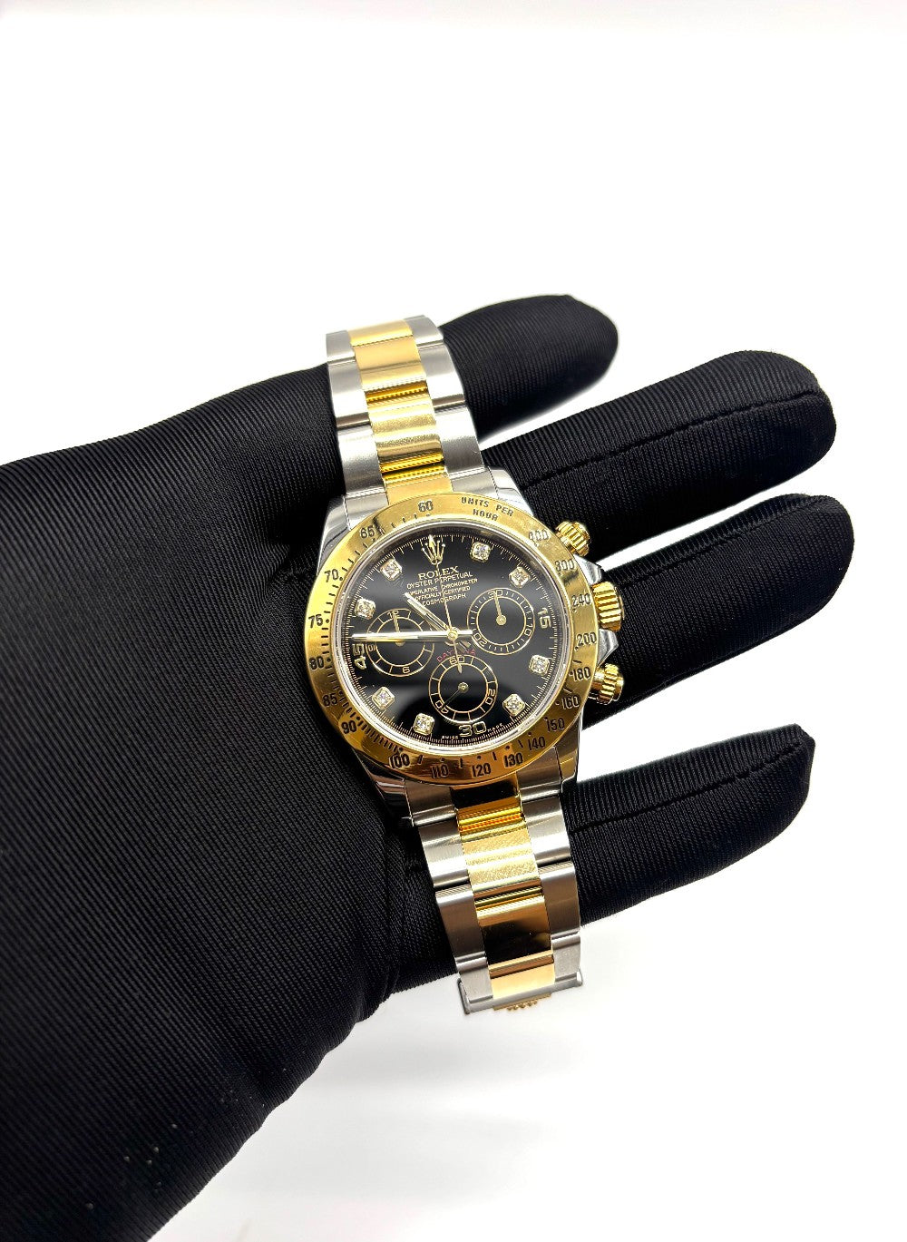Preowned. Rolex Daytona Black Dial With Diamonds Two Tone YG/Steel 2016|16859