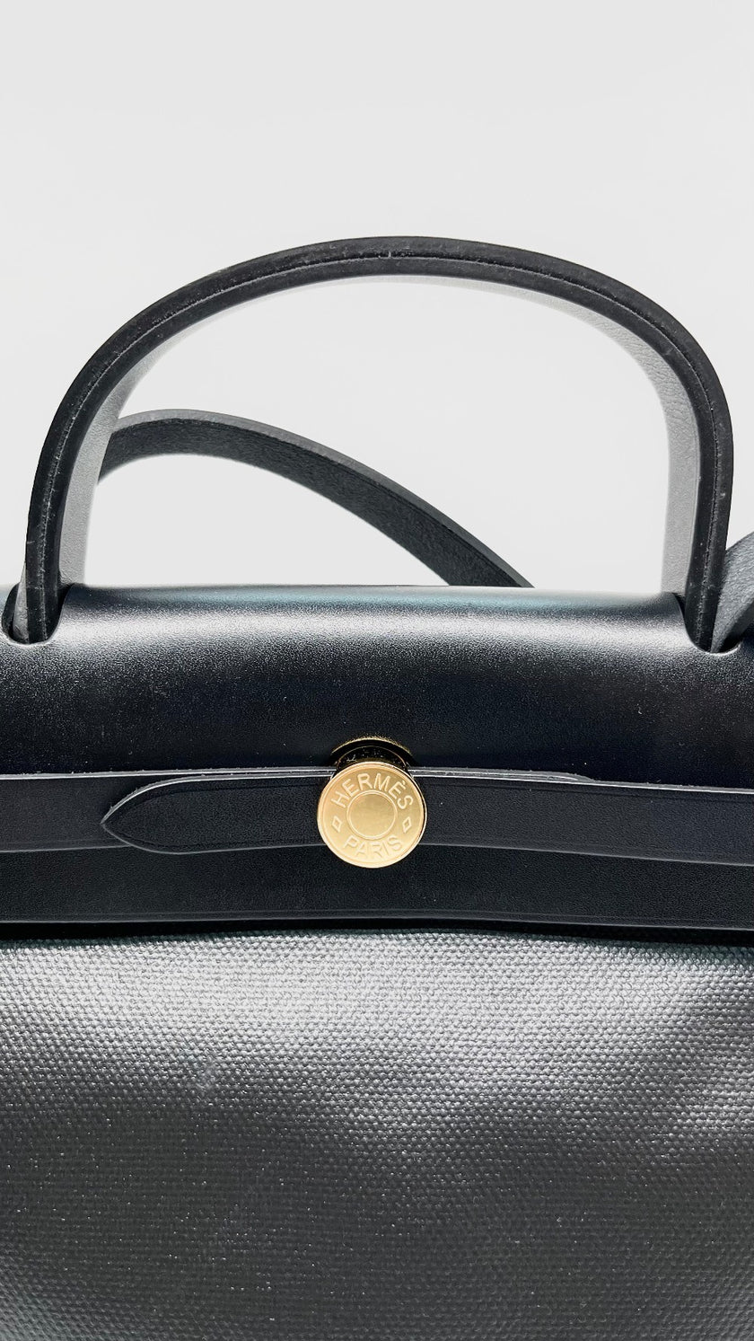 Likew New. Hermes Herbag 31 Black Coated Canvas GHW. BTS005AU|13409