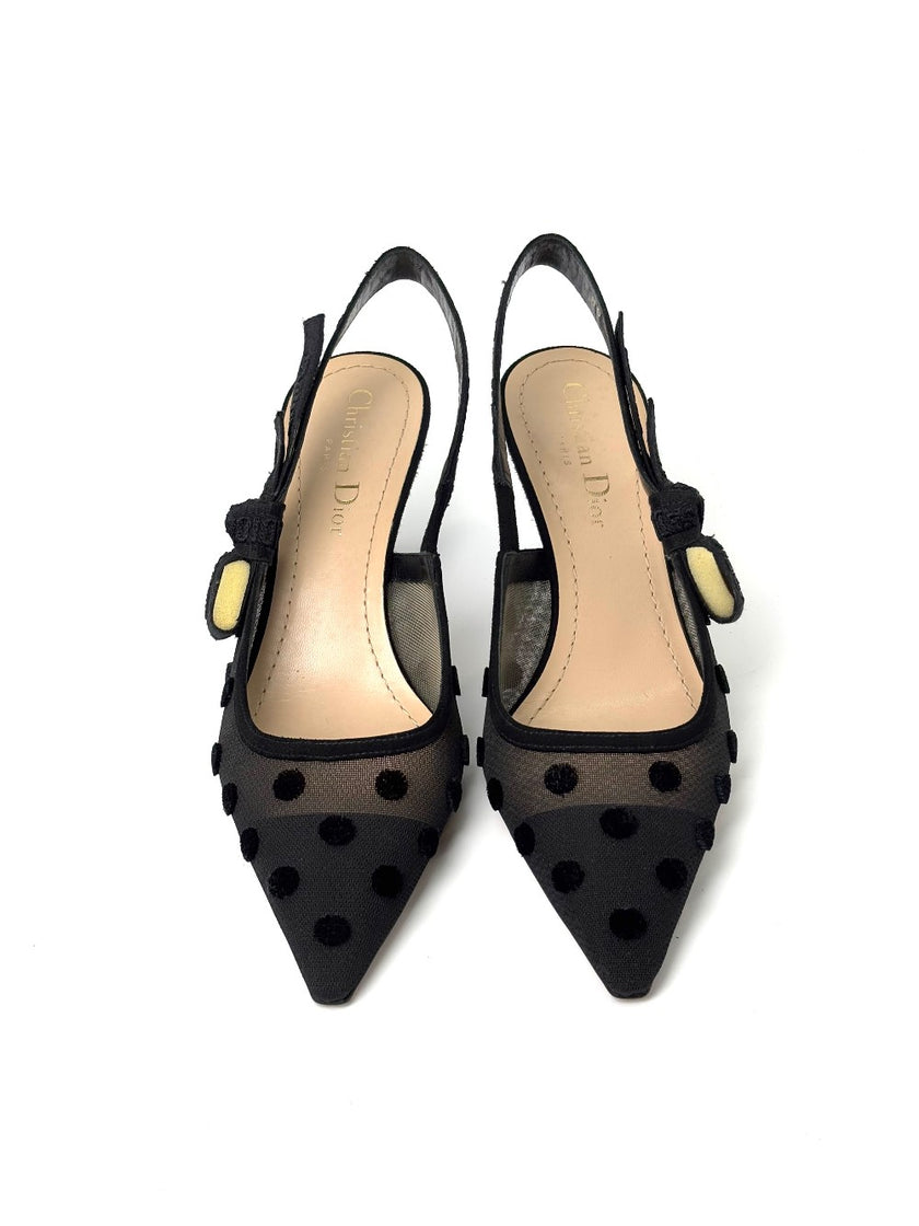 Like New. Dior Slingback Low Heel Polka Black. 35.5|7446