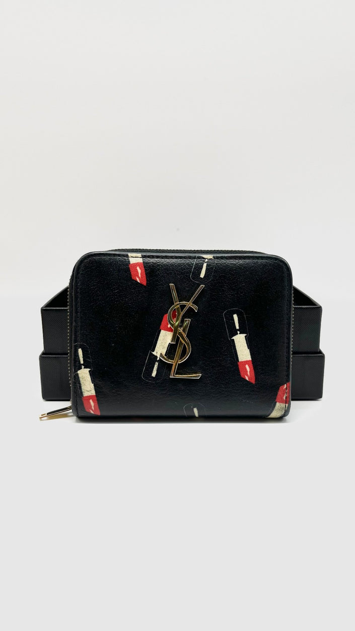 Preowned. YSL Lipstick Pattern Zip Wallet Black GHW|9601