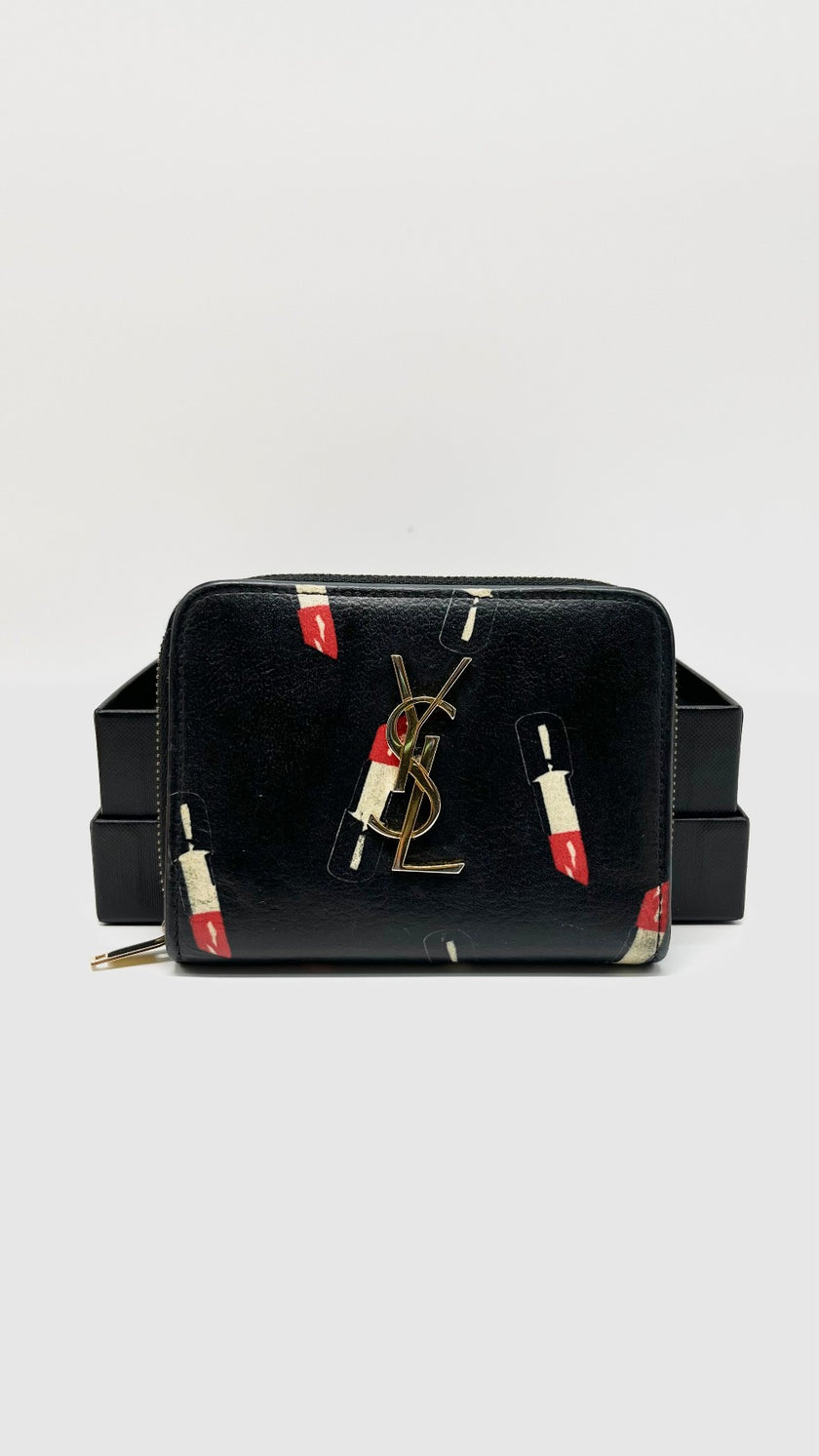 Preowned. YSL Lipstick Pattern Zip Wallet Black GHW|9601