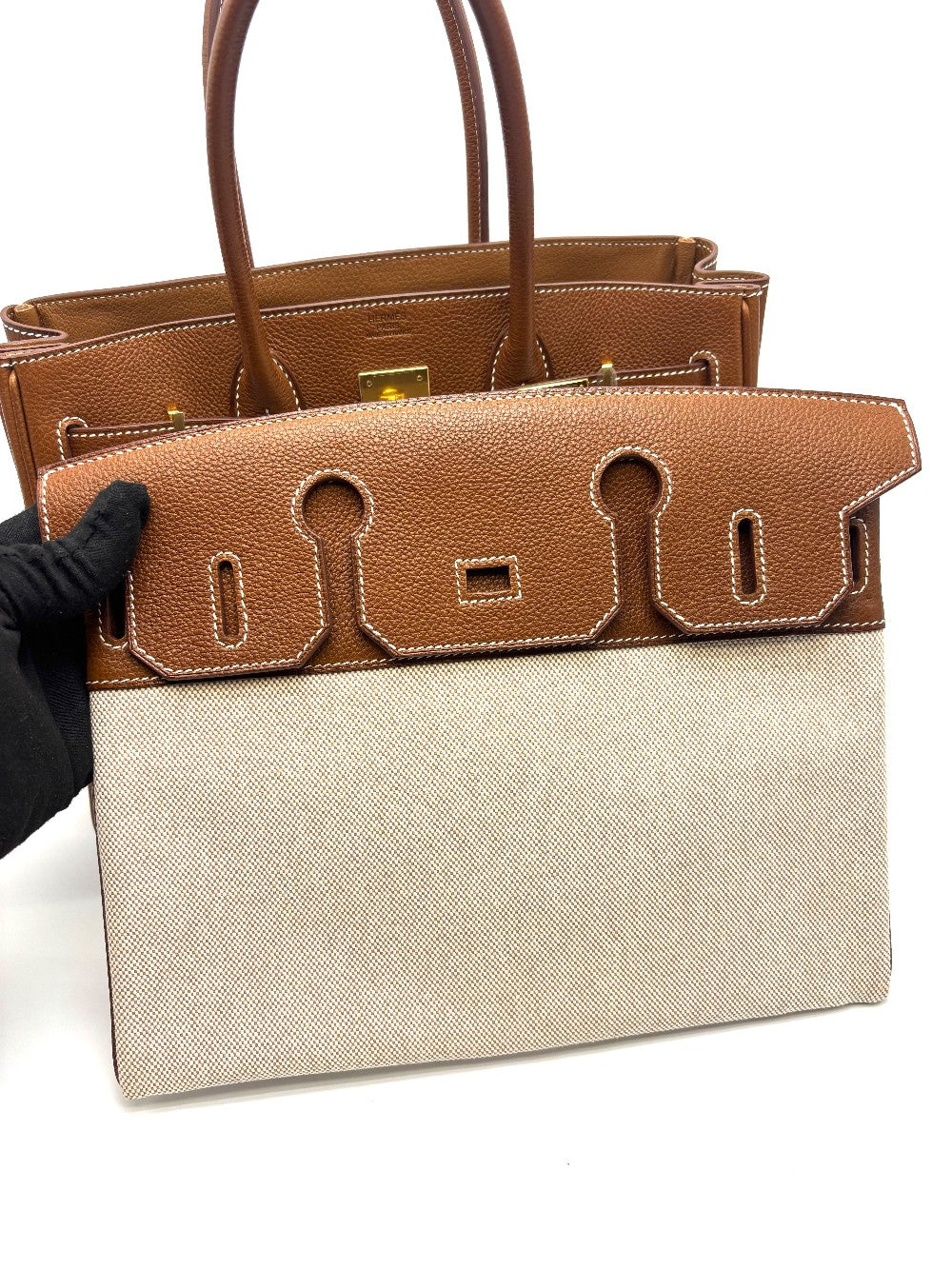 Like New. Hermes 3 in 1 Birkin 30 Fauve Barenia Faubourg and Toile GHW. UAS791NF|17453