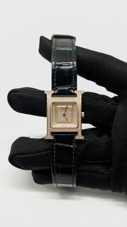 Preowned. Hermes H Watch Rosegold Croc w/ Diamonds|5714
