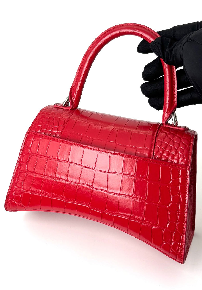 Like New. Balenciaga Hourglass Croc Red Top Handle|5903