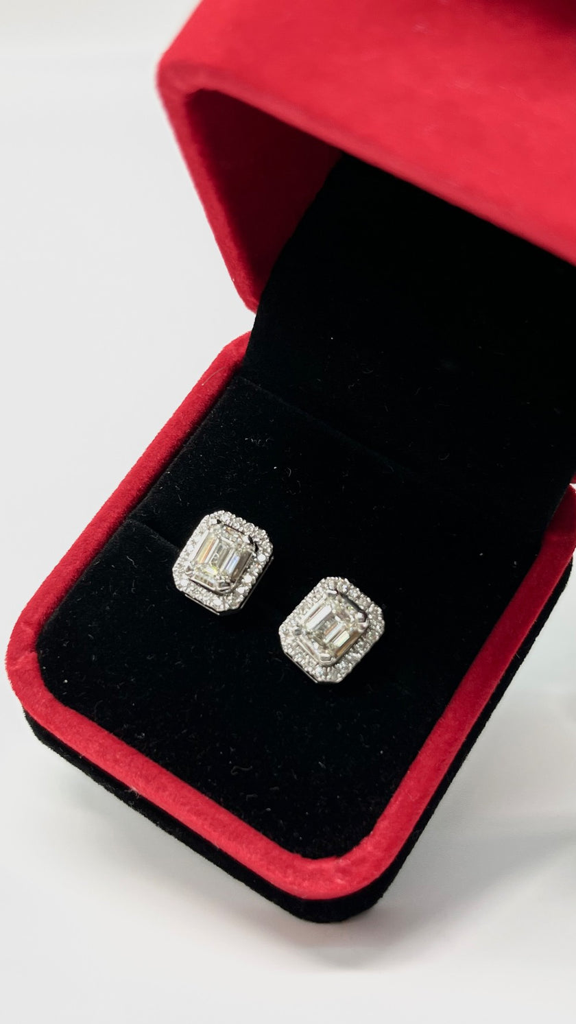 Preowned. Emerald Cut Earrings With Detachable Halo Jacket Earrings Color 14K J 2.02 TCW Clarity SI|9394