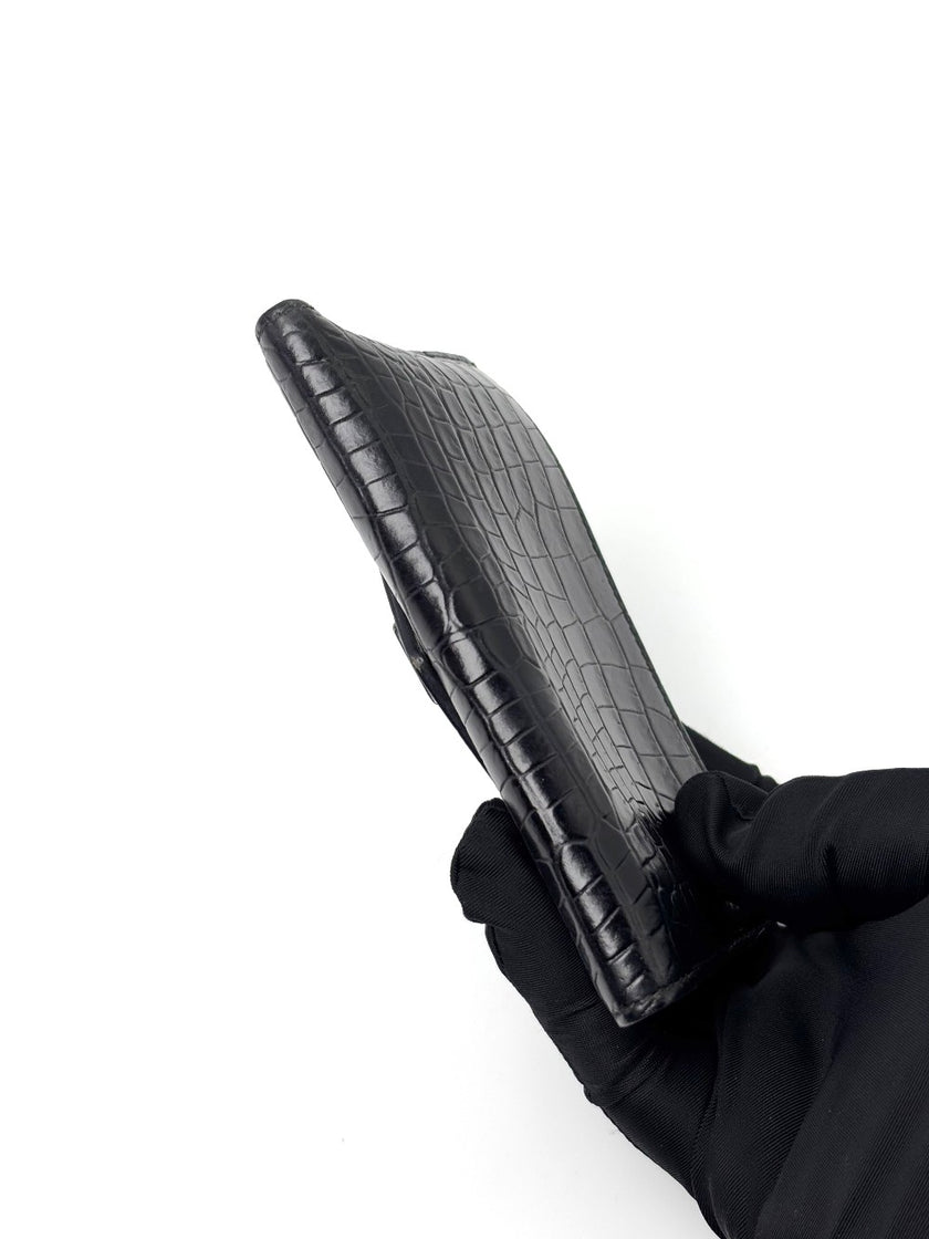 Preowned. YSL Coin/Card Holder Flap Black Croc|7140