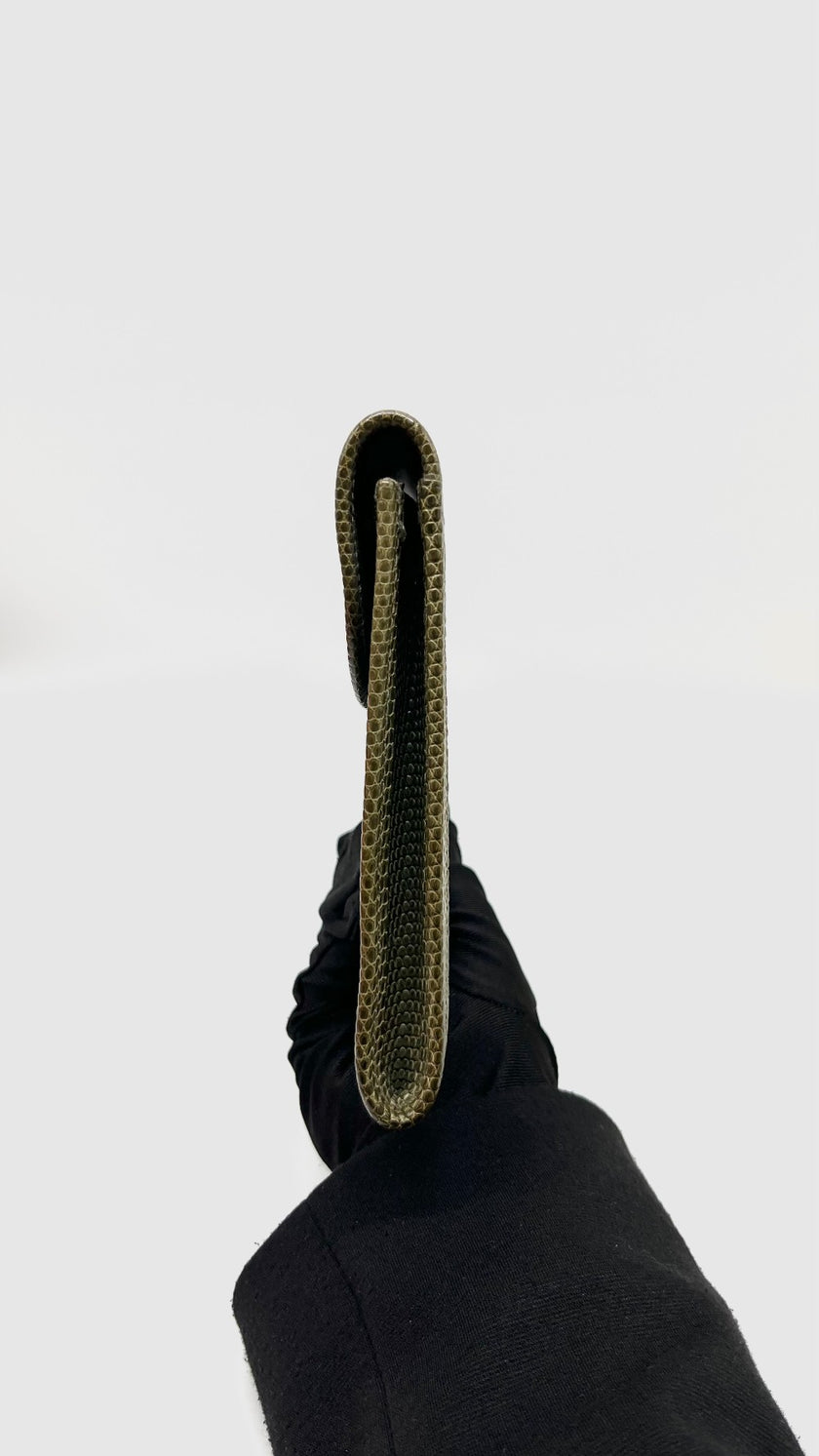 Preowned. Hermes Jige Clutch Etain/Green. FPK18|9719