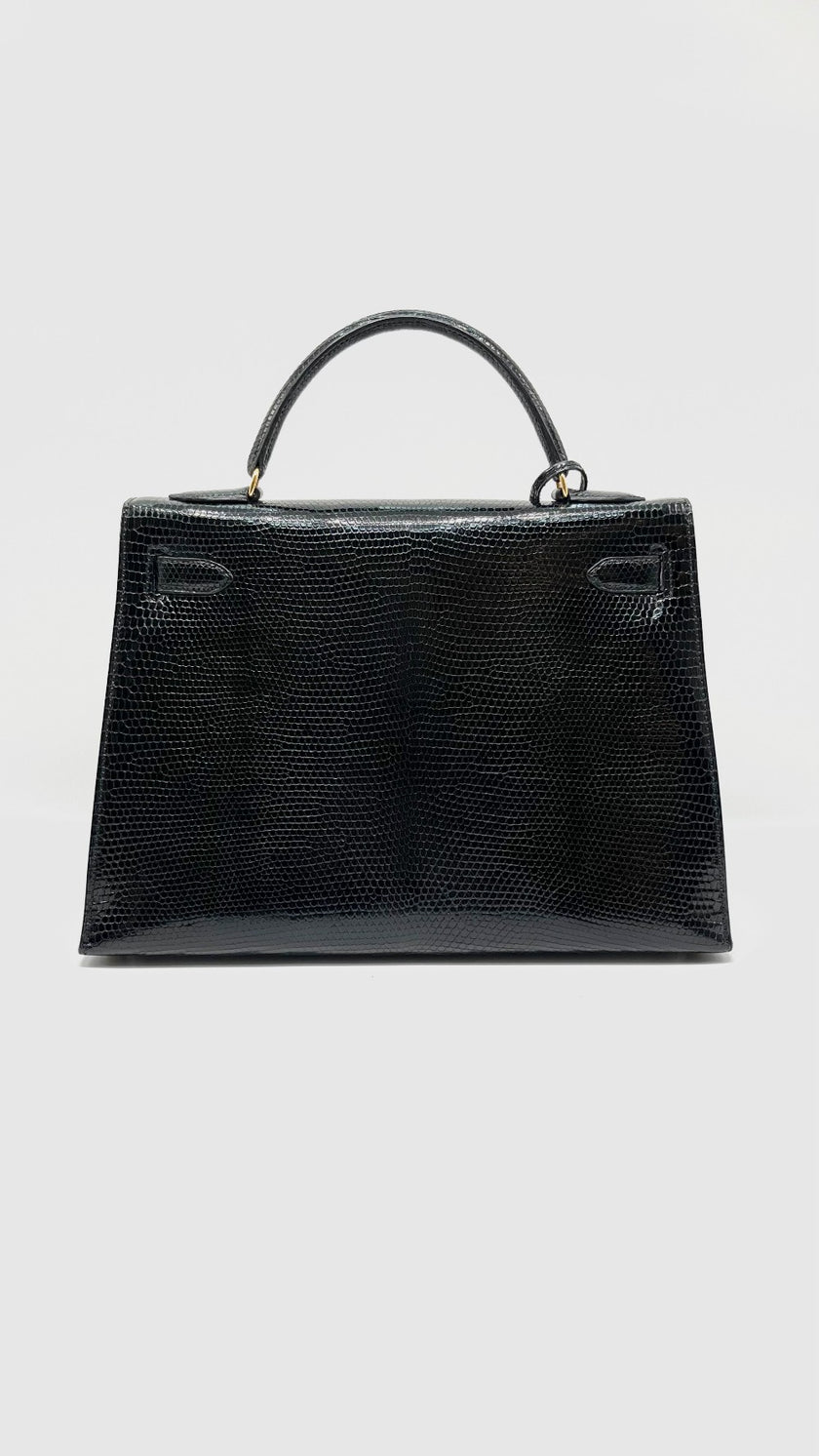Preowned. Hermes Kelly 32 Noir Lizard GHW. U Circle R|11223
