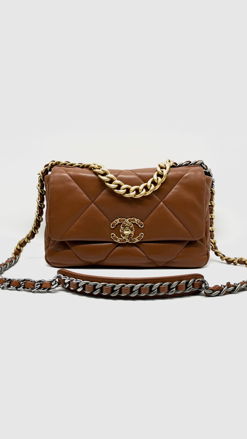 Like New. Chanel C19 Small Caramel Lambskin Ruth/Silver/Gold HW. T7AEUT96|12709