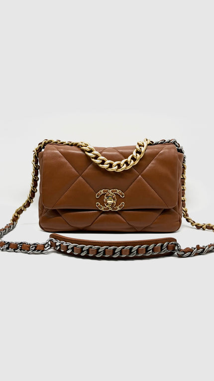 Like New. Chanel C19 Small Caramel Lambskin Ruth/Silver/Gold HW. T7AEUT96|12709