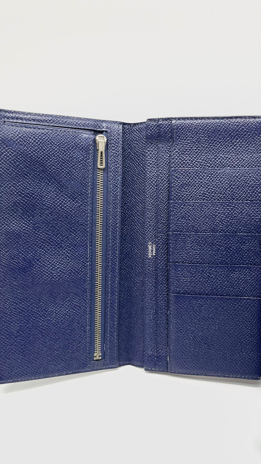 Preowned. Hermes Bearn Long Wallet Blue Sapphire PHW. XTI002DK|9434