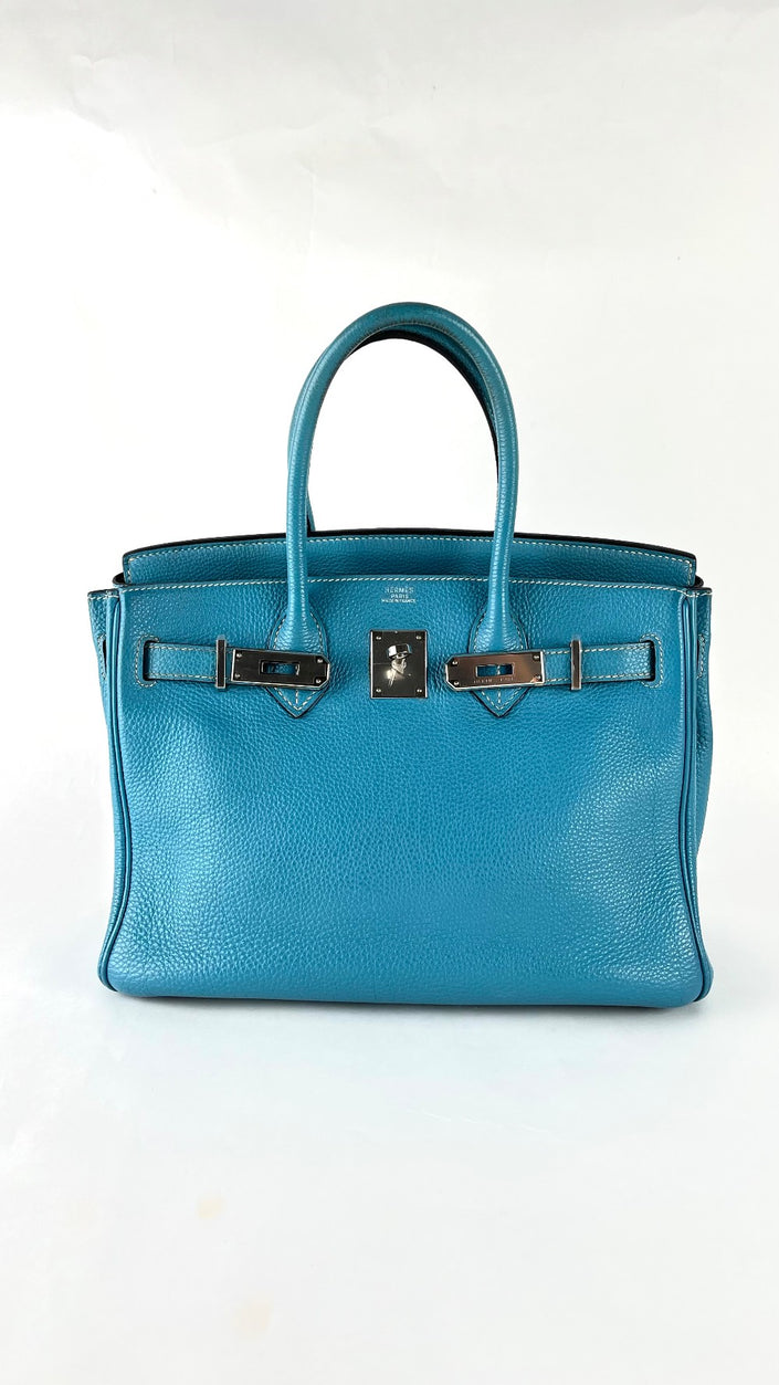 Preowned. Hermes Birkin 30 Blue Jean Togo PHW. Square K39C|4763