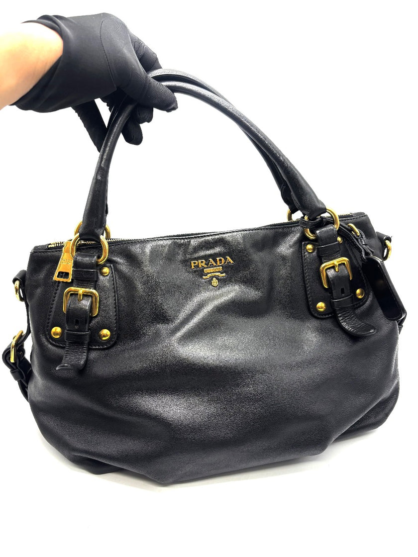 Preowned. Prada Black Soft Calfskin Leather Satchel Bag|17645