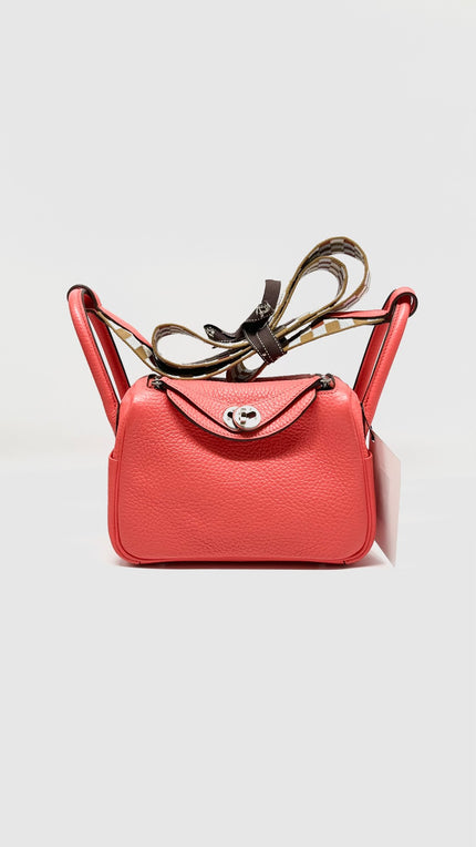 Like New. Hermes Mini Lindy Rose Texas Maxi Quadrille Togo PHW. UMM085NM|9748