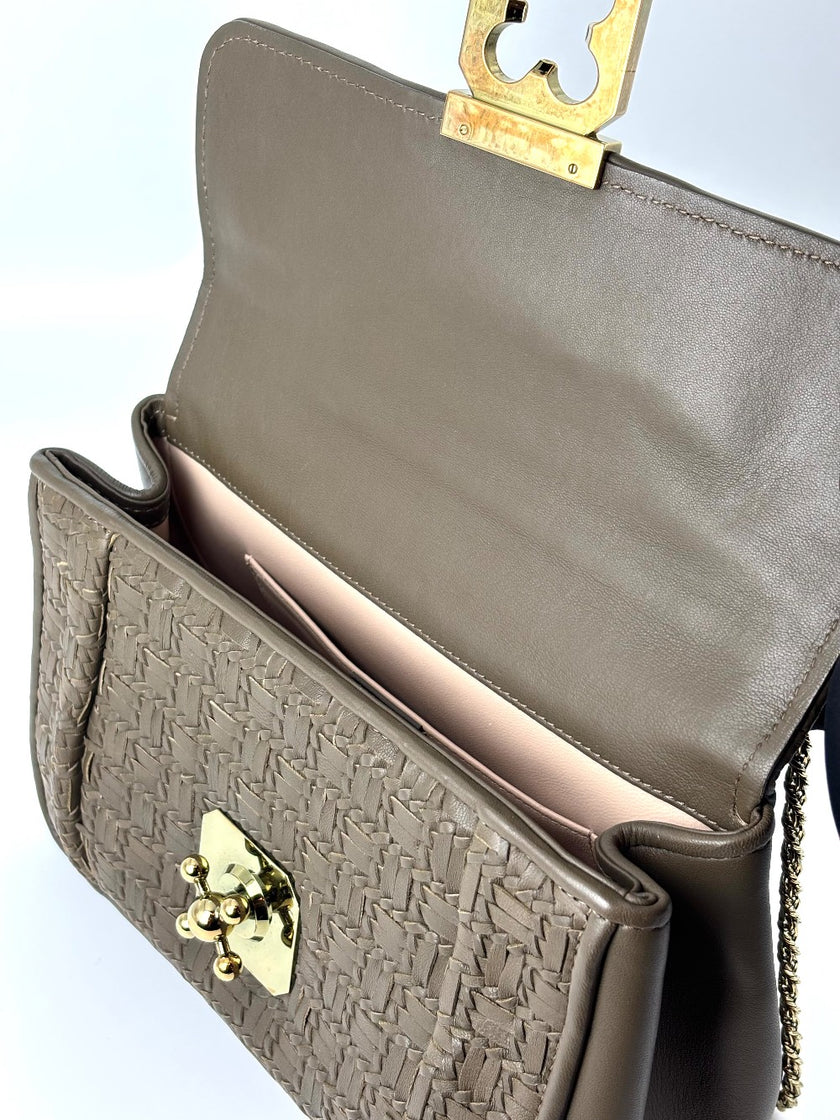 Preowned. Chloe Weaving Elsie Taupe Flap GHW|5994