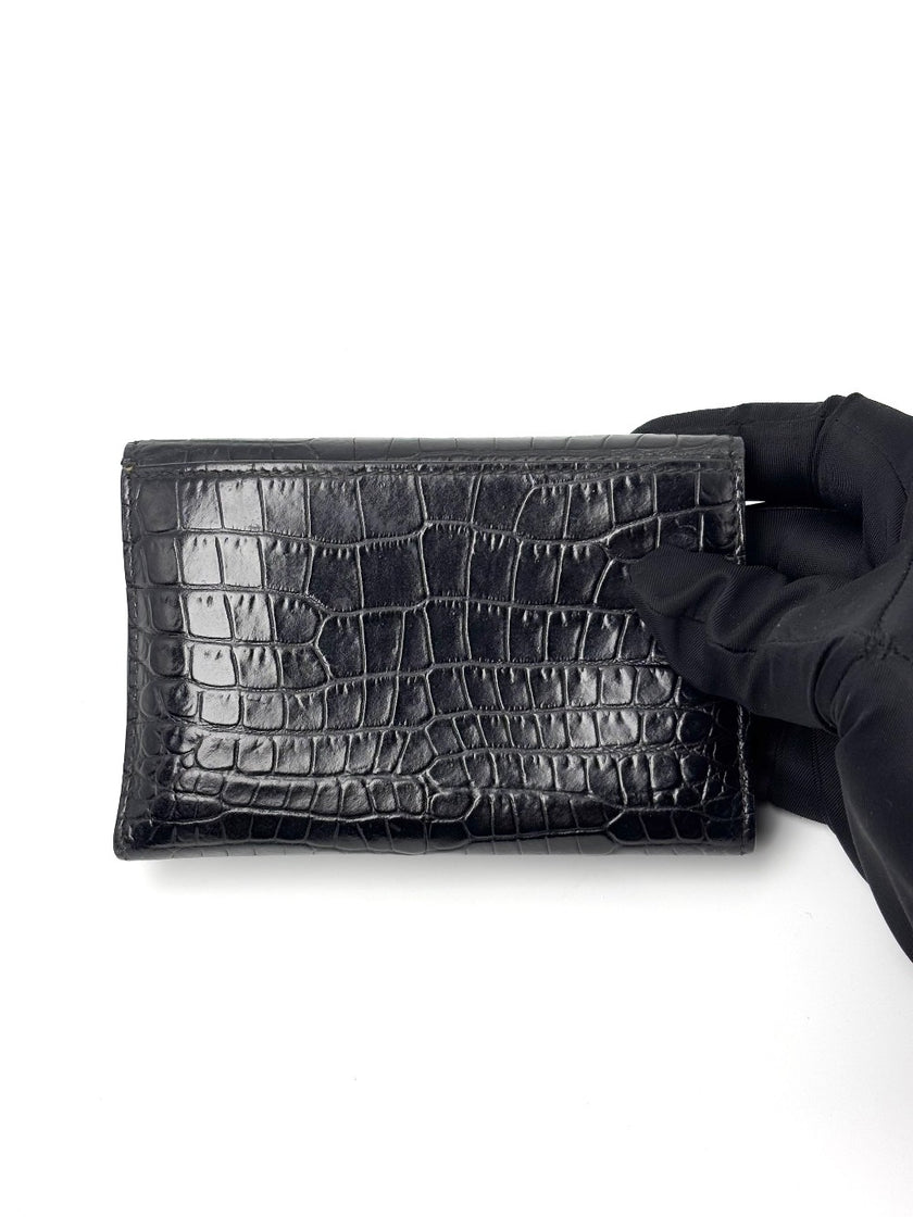 Preowned. YSL Coin/Card Holder Flap Black Croc|7138