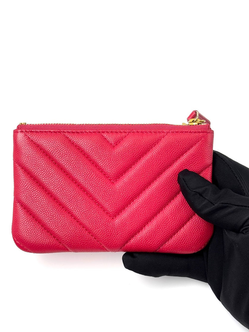 Like New. Chanel Zip Coinpurse Chevron Pink|6668