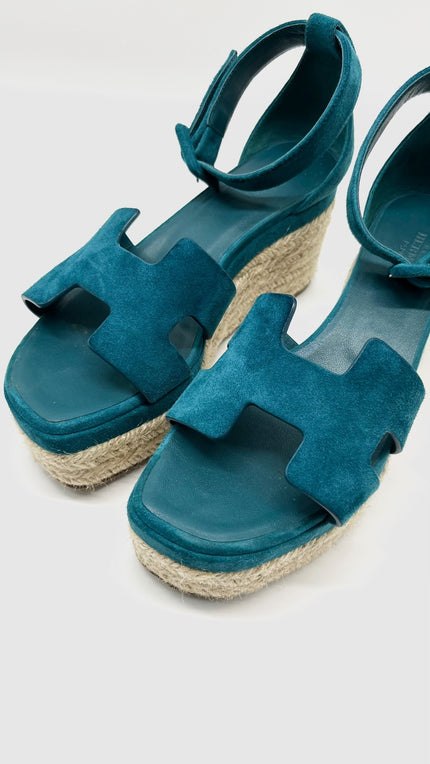 Preowned. Hermes Elda Espadrille Wedge Sandals Vert Oxford. 36|6914