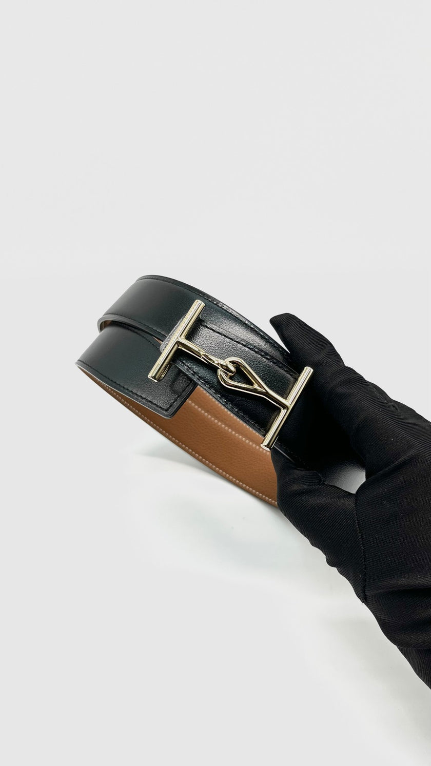 Brand New. Hermes Jumbo Belt Buckle Reversible Black/Gold GHW 85. ZFM510|14820