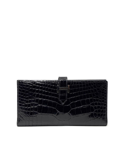 Preowned. Hermes Bearn Wallet Croc Black. Q|6964