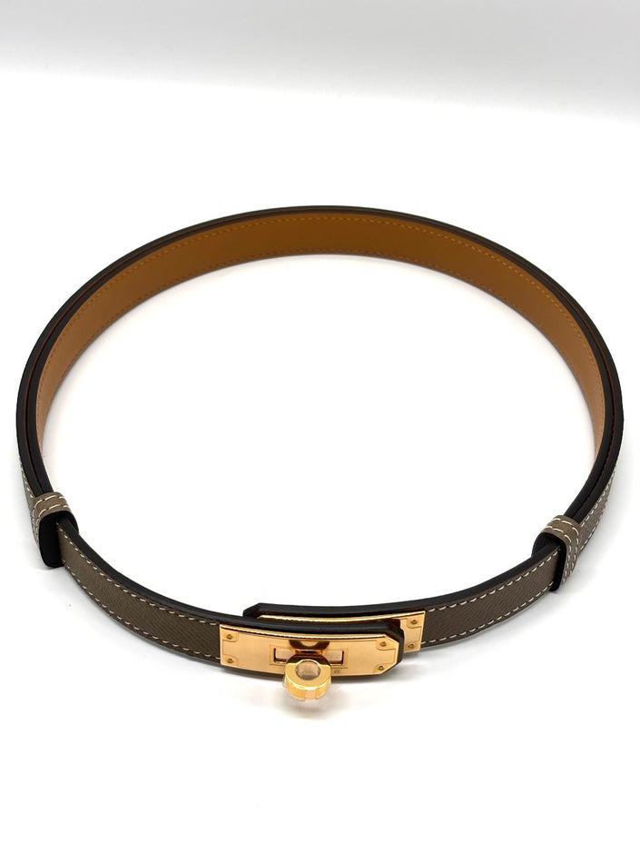 Brand New. Hermes Kelly Belt Etoupe RGHW. BID001CF|8861