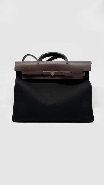 Preowned. Hermes Herbag 39 Black Canvas Stamp P Square AR|9795