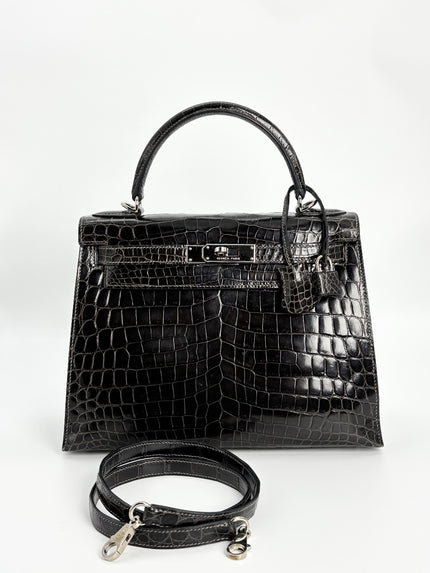 Preowned. Hermes Kelly 28 Croc Gris Fonce. J45S|3364