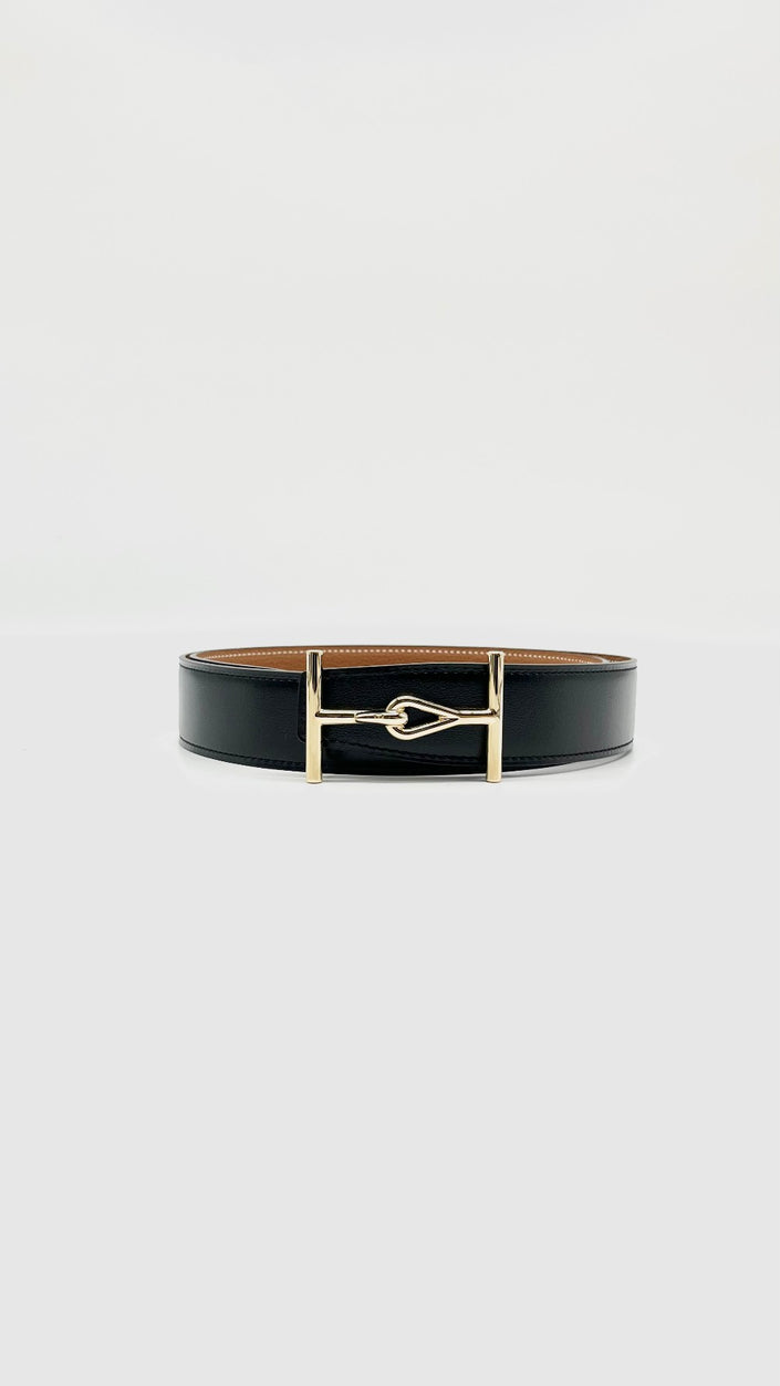 Brand New. Hermes Jumbo Belt Buckle Reversible Black/Gold GHW 85. ZFM510|14819
