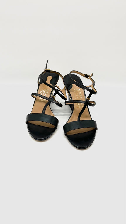 Brand New. Ferragamo Wedge Black/Gold. 36|10802