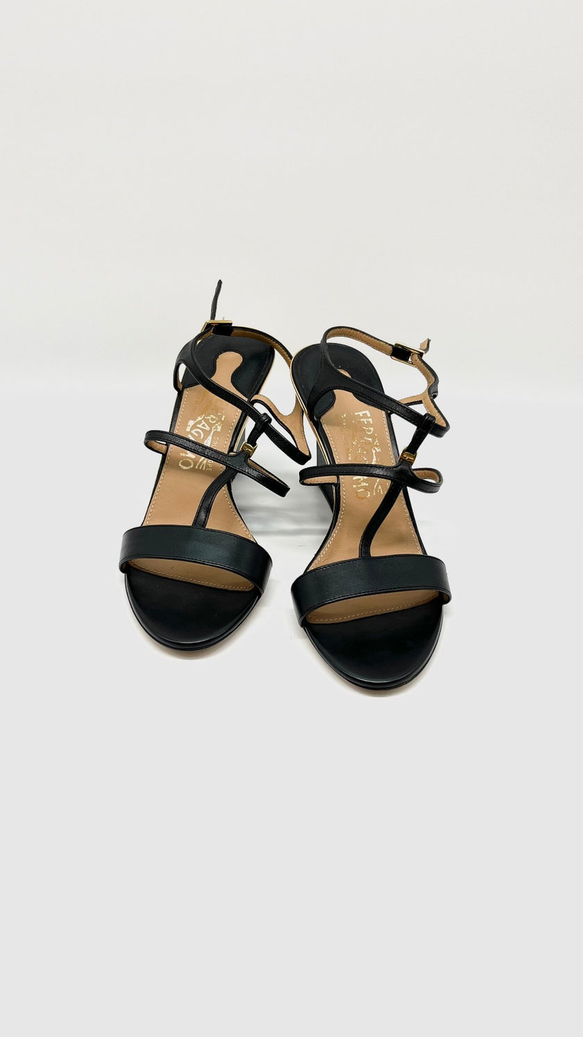 Brand New. Ferragamo Wedge Black/Gold. 36|10802