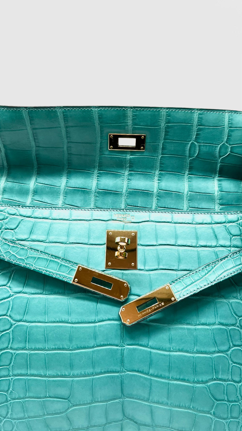 Like New. Hermes Kelly 32 Blue Lagoon Missippiensis Alligator GHW. API125MZ|15264