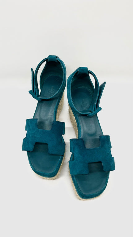 Preowned. Hermes Elda Espadrille Wedge Sandals Vert Oxford. 36|6913