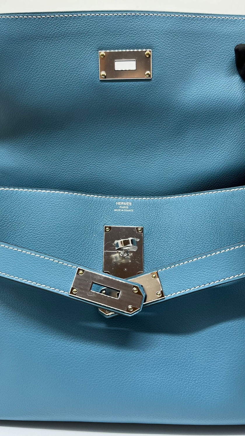 Brand New. Hermes Kelly Messenger Blue Jean Evercolour PHW. BMM687FK|5216