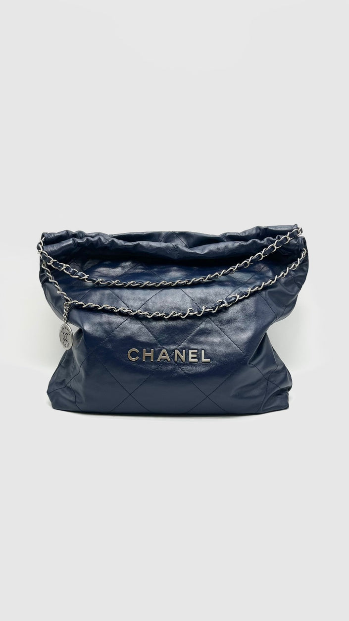 Like New. Chanel C22 Medium Blue Lambskin SHW. EGLXNJKE|15741