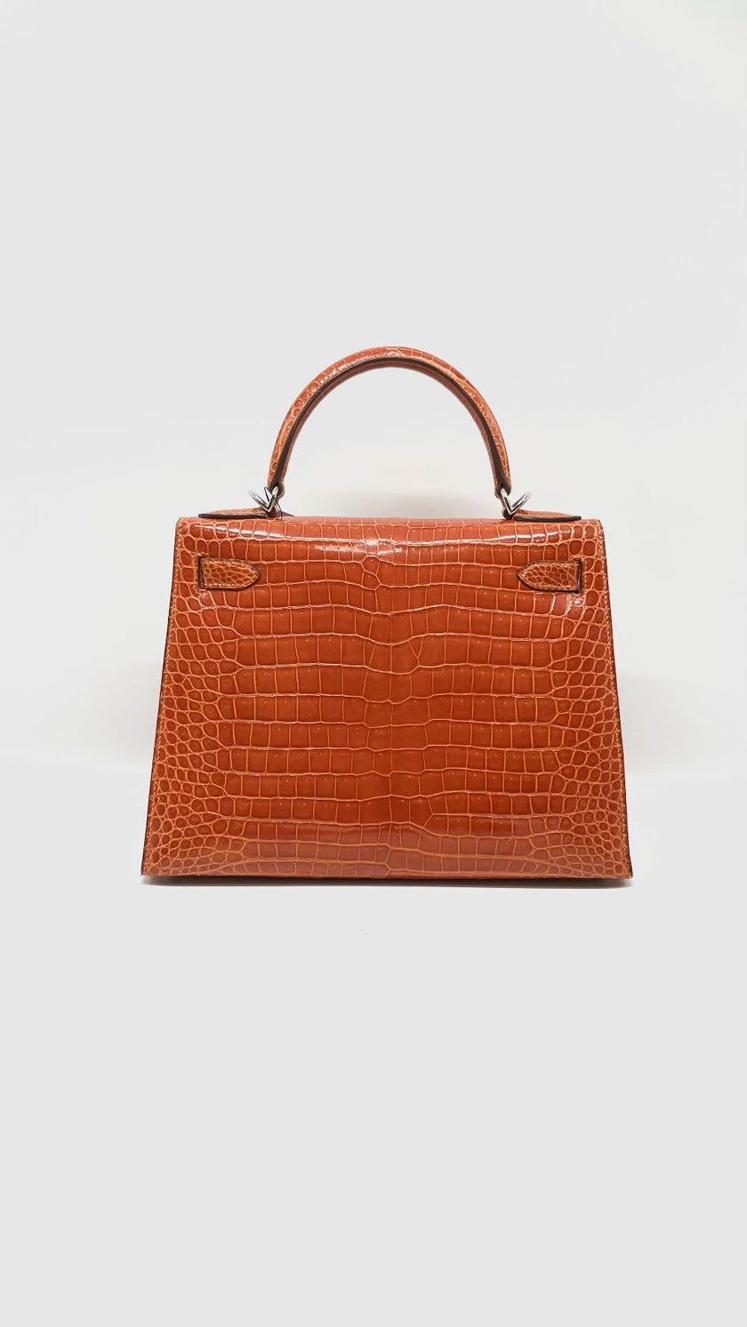 Preowned. Hermes Kelly 28 Croc Orange PHW. H Square Q2509|11525