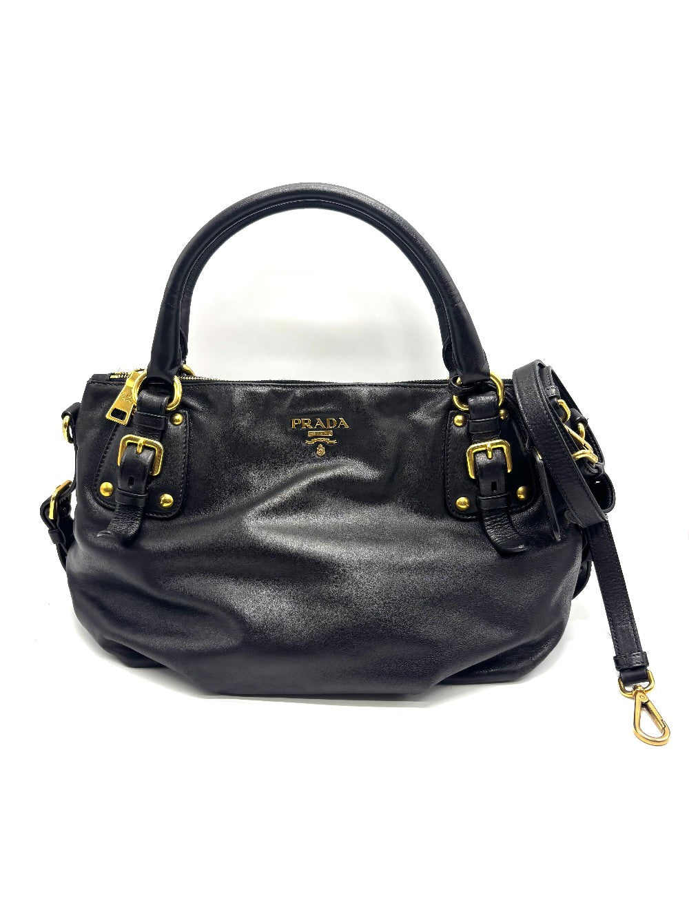 Preowned. Prada Black Soft Calfskin Leather Satchel Bag|17644