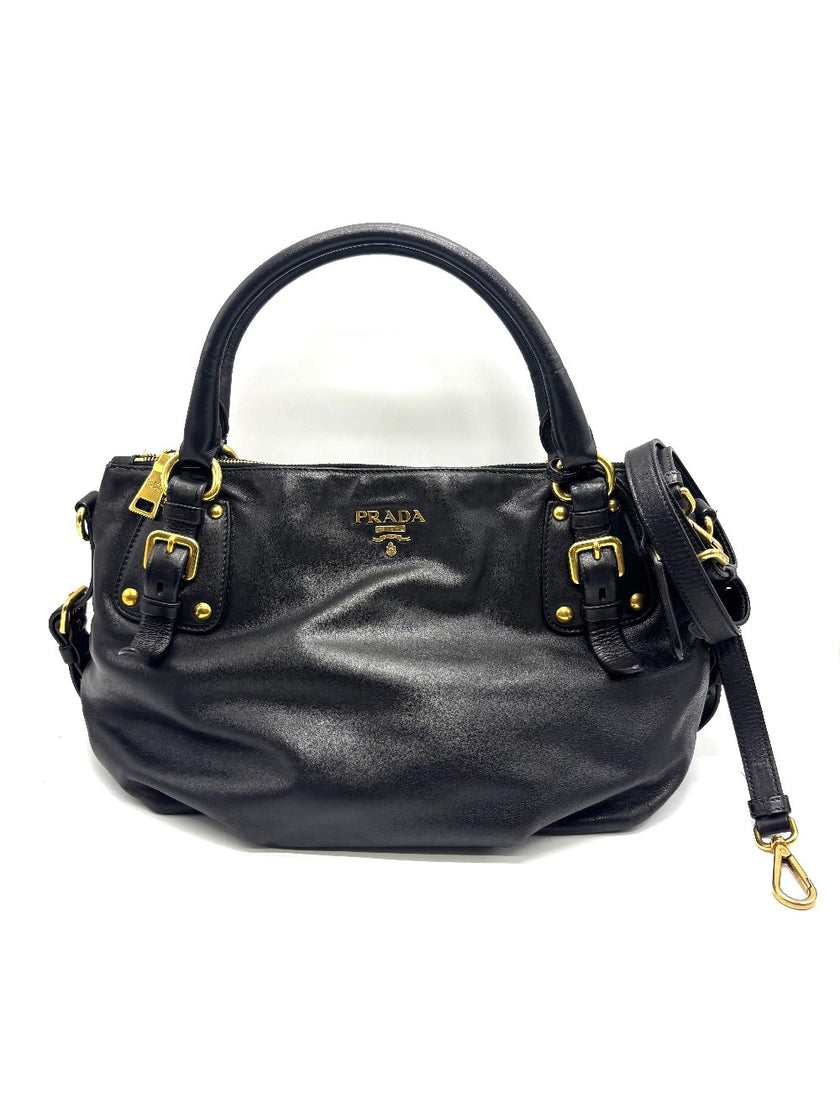 Preowned. Prada Black Soft Calfskin Leather Satchel Bag|17644