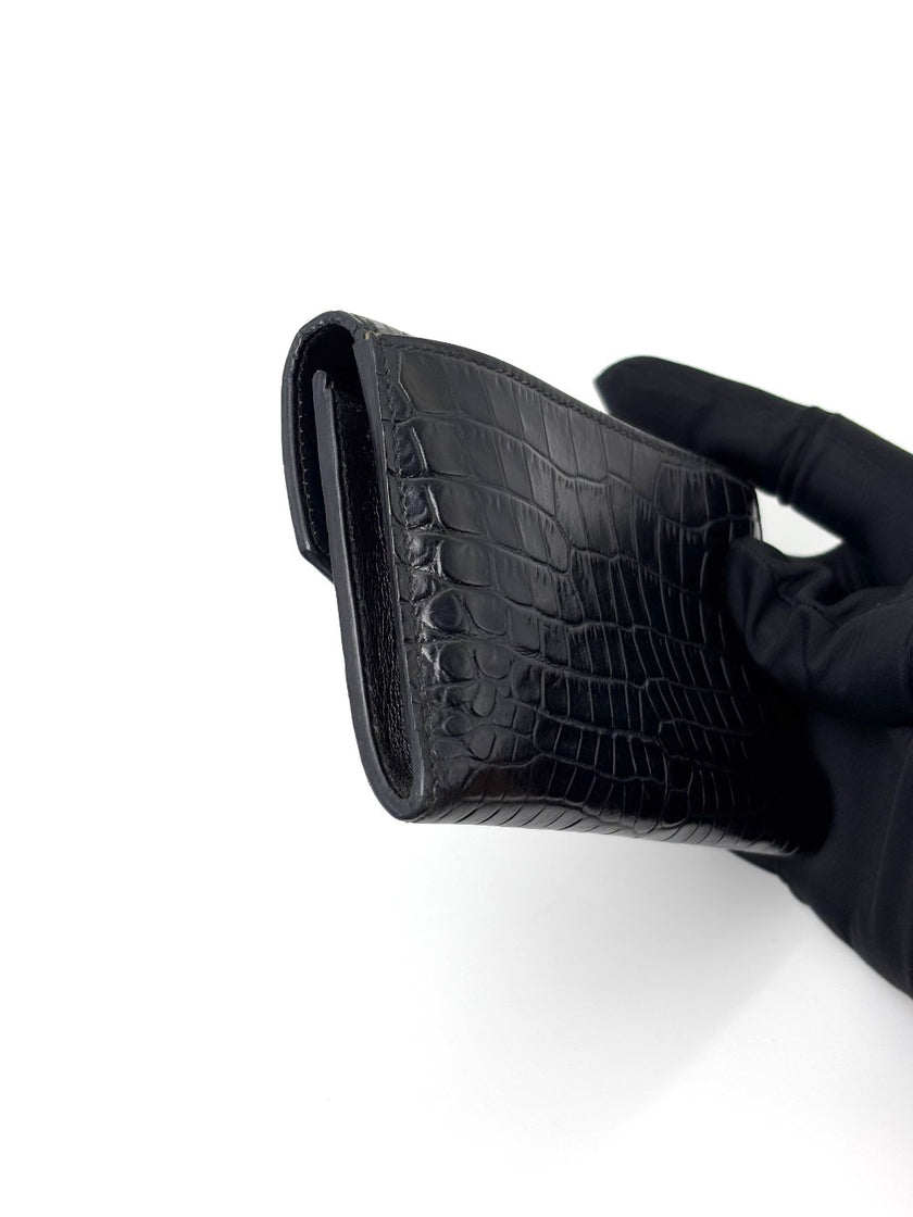 Preowned. YSL Coin/Card Holder Flap Black Croc|7139