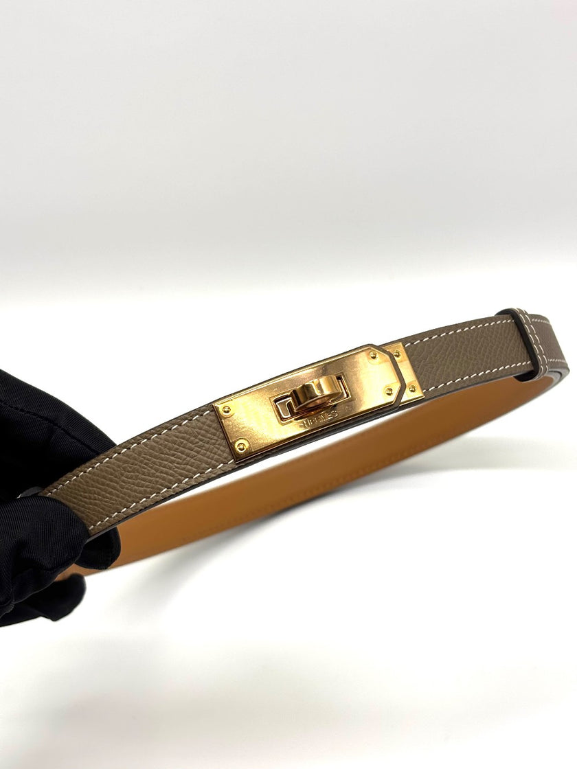 Brand New. Hermes Kelly Belt Etoupe RGHW. BID001CF|8863