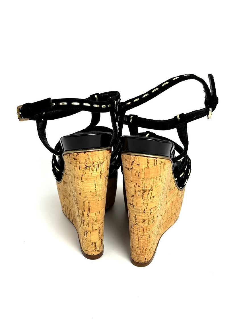 Preowned. Dior Antica Wedge Black Suede&Patent. 36.5|12893