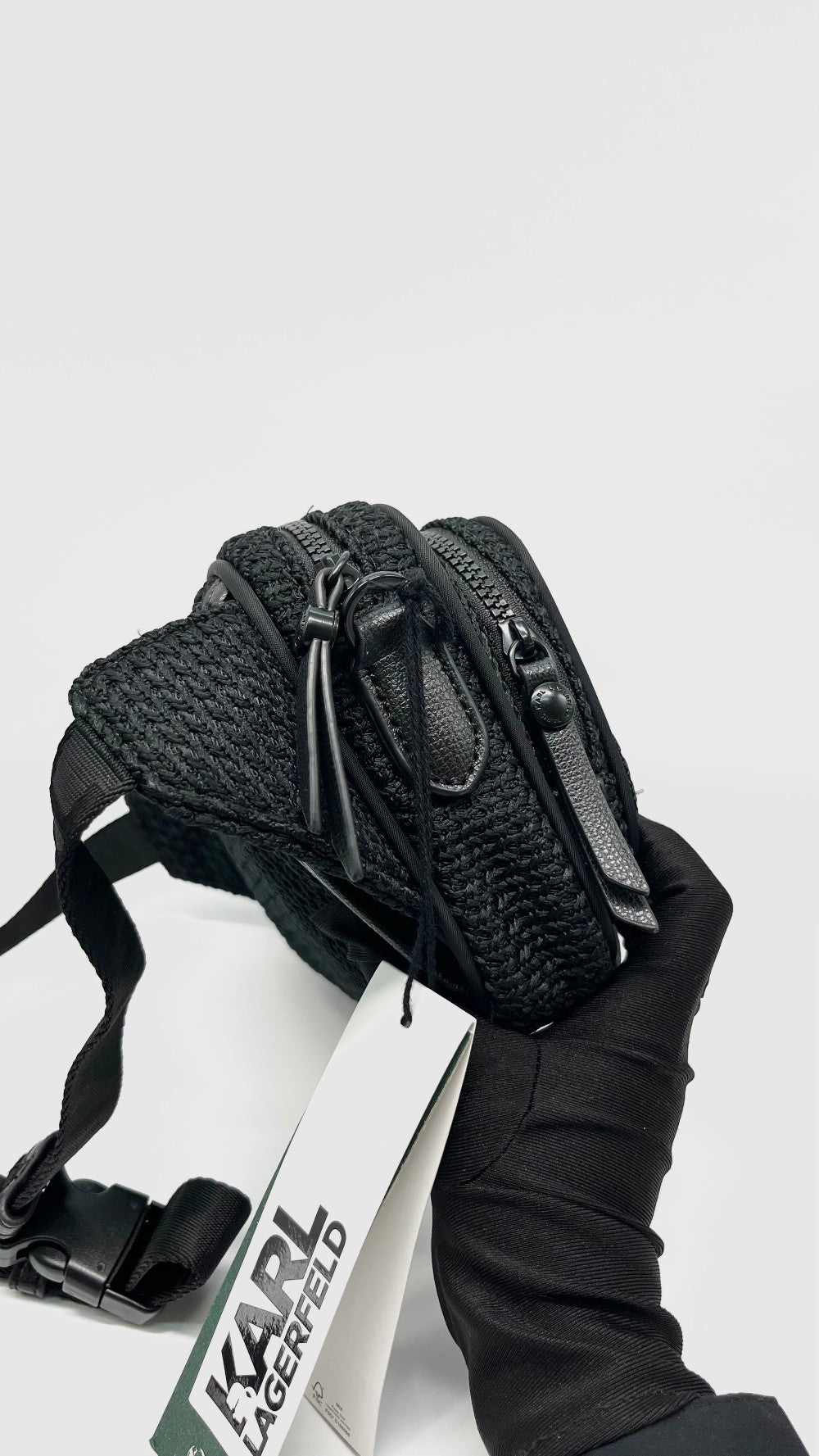 Brand New. Karl Lagerfeld Paris Voyage Knit Belt Black Bag|12013