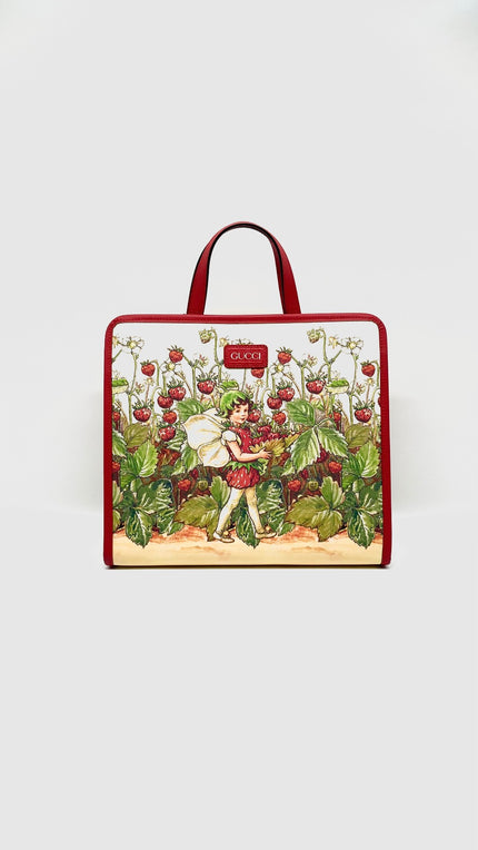 Brand New. Gucci Kids Strawberry Fairy Tote Bag Beige/ Red. 605614520981|15425